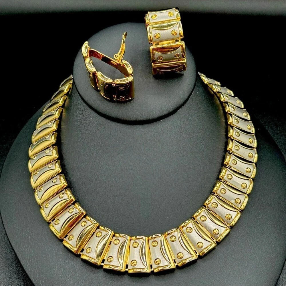 Striking Chunky Silver and Gold Tone Modern Collar Necklace and Earring Set